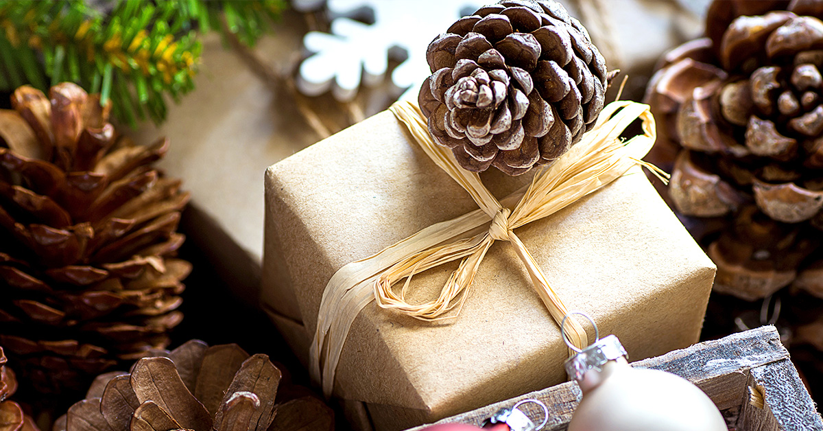 Weihnachtszeit ist Bastelzeit - auf dem Bild sind verschiedene Zapfen, ein in Craftpapier verpacktes kleines Geschenk mit gelber Schleife und etwas Tannengrün zu sehen.