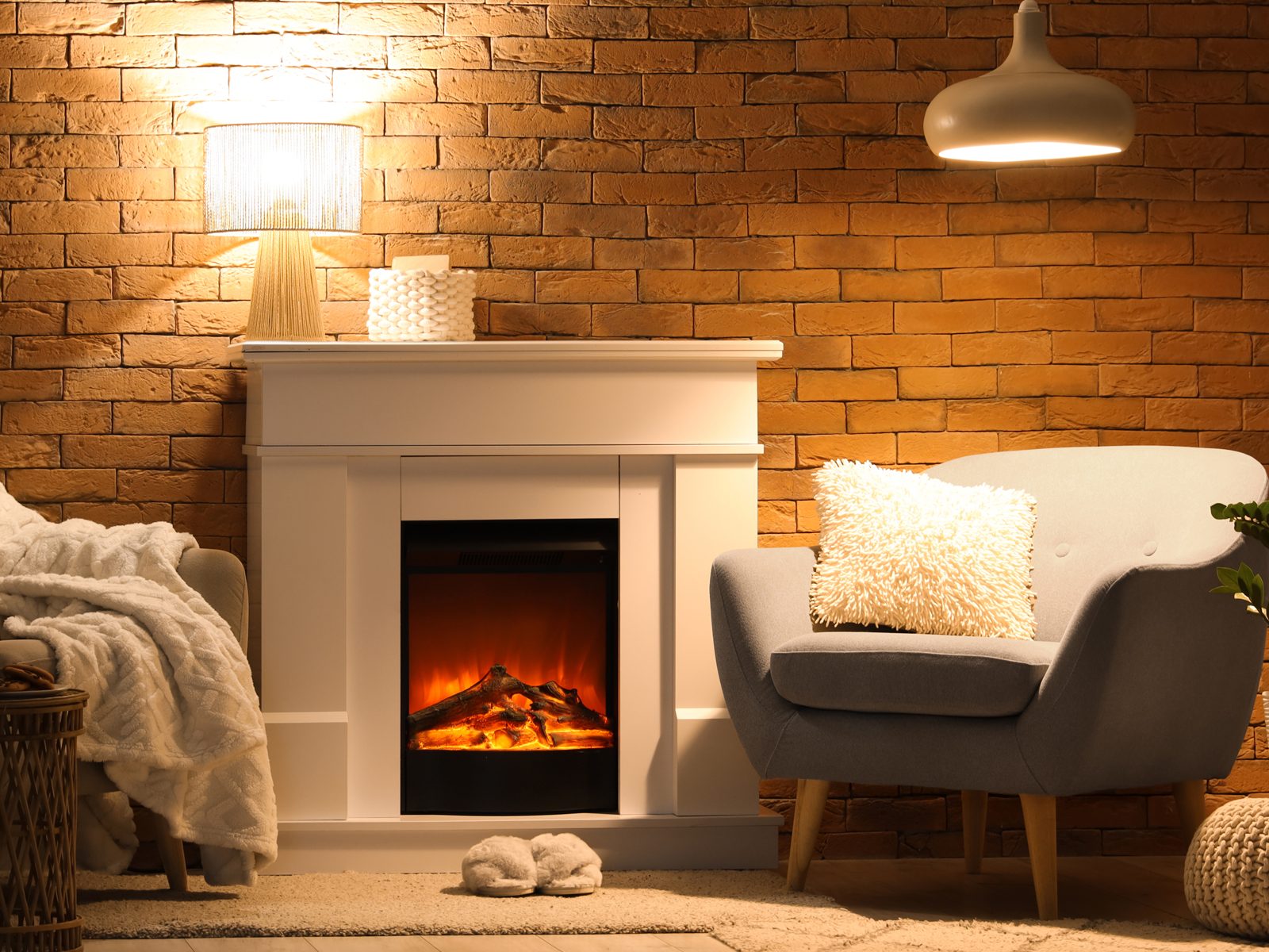 Lesesessel an Kamin vor Ziegelwand, angenehme Beleuchtung durch Hängelampe und Wandlampe