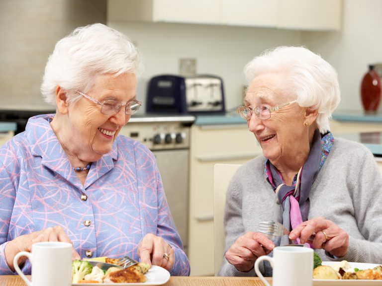Zwei ältere Frauen sitzen essend nebeneinander. Ihre Teller sind ein Beispiel für gesunde Ernährung - Gemüse und Hühnchen.