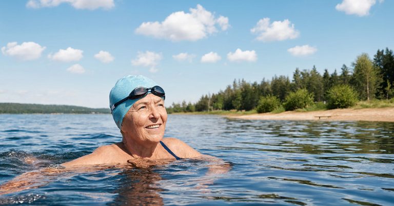 Ältere Dame mit Badekappe und Schwimmbrille auf der Stirn schwimmt in einem See, im Hintergrund Strand und Bäume.