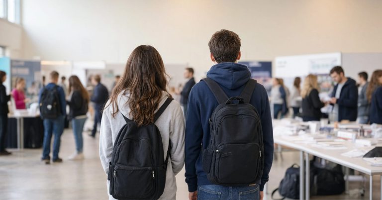 Zwei Jugendliche in legerer Kleidung auf einer kleinen Familienmesse